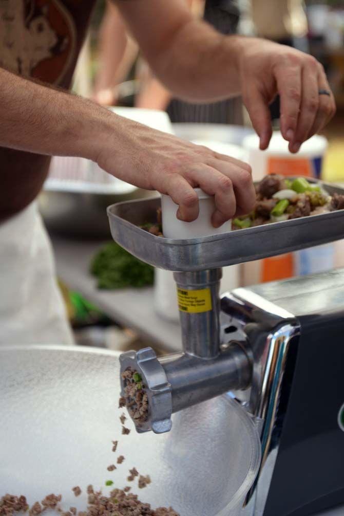 Meat and vegetables are ground for boudin stuffig Sunday, November 30, 2014 at La Boucherie Merci in Vermillionville, La.