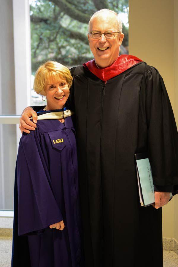 Manship School of Communication Dean Jerry Ceppos (R) posing with commencement speaker Marcy McGinnis (L), Senior Vice President of news gathering for Al Jazeera America.