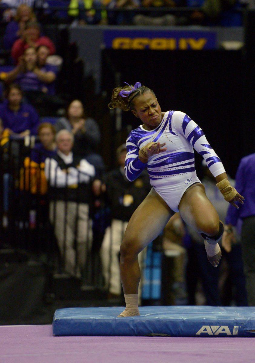 LSU senior Lloimincia Hall performs a floor routine on Friday, Jan. 23, 2015, during the Lady TIger's 197-192 victory against Missouri in the Pete Maravich Assembly Center.