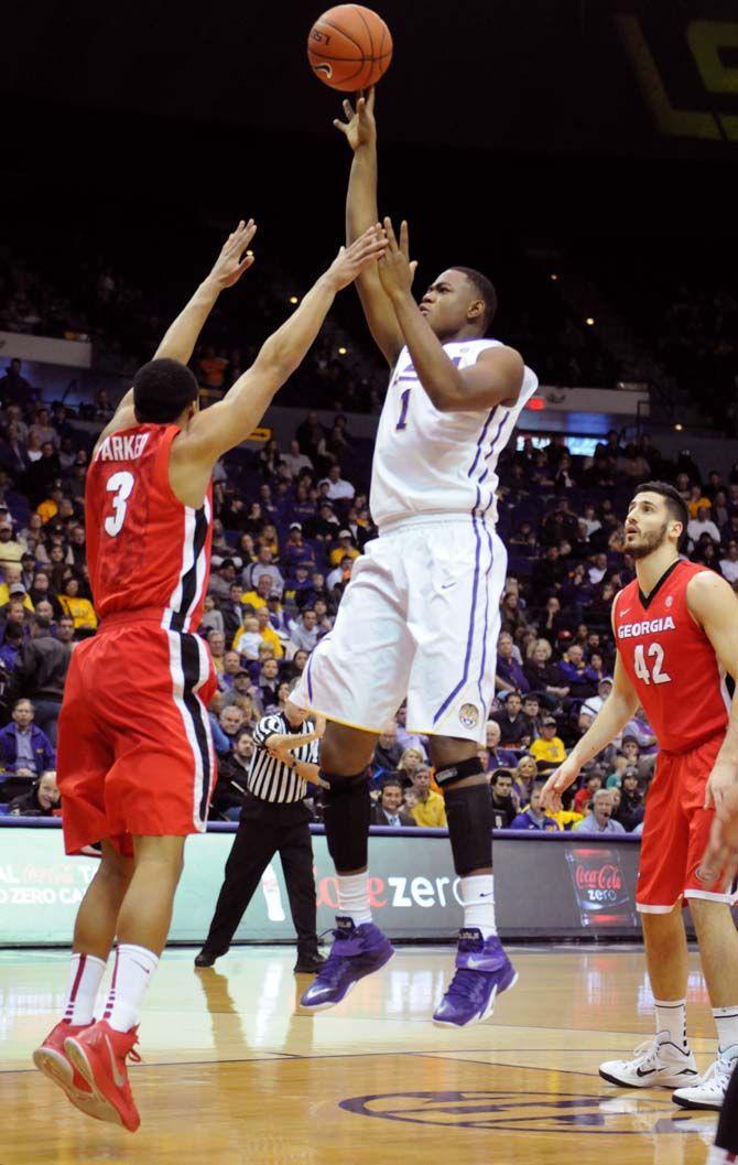 LSU sophomore forward Jarell Martin (1) takes a jump shot during the Tigers' win 87-84 against Georgia Saturday, Jan. 10, in the Pete Maravich Assembly Center.