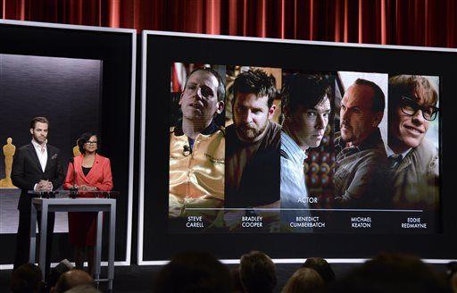 Chris Pine, left, and Academy President Cheryl Boone Isaacs announce the Academy Awards nominees for best actor in a leading role at the 87th Academy Awards nomination ceremony on Thursday, Jan. 15, 2015 in Beverly Hills, Calif. The 87th Annual Academy Awards will take place on Sunday, Feb. 22, 2015 at the Dolby Theatre in Los Angeles. (Photo by Dan Steinberg/Invision/AP)