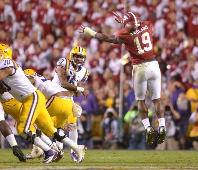 LSU sophomore quarterback Anthony Jennings (10) attempts a pass downfield Saturday, Nov. 8, 2014 during the Tigers' 20-13 loss against Alabama in Tiger Stadium.