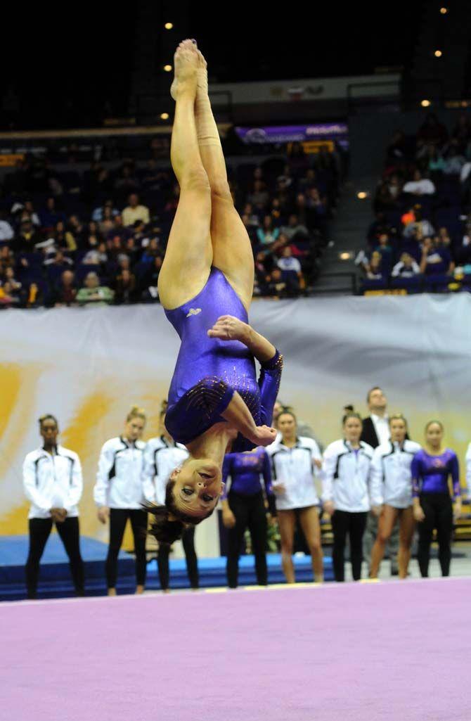 LSU senior all-around Jessie Jordan flips during her routine on the floor Friday, Jan. 9, during the Tigers' win 197-193 against Iowa State in the PMAC.