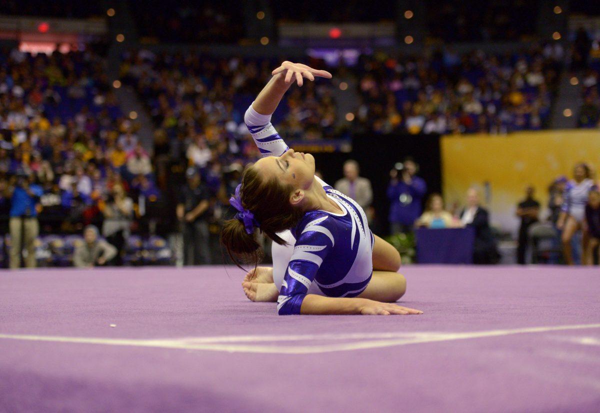 LSU senior Jessie Jordan performs a floor routine on Friday, Jan. 23, 2015, during the Lady TIger's 197-192 victory against Missouri in the Pete Maravich Assembly Center.