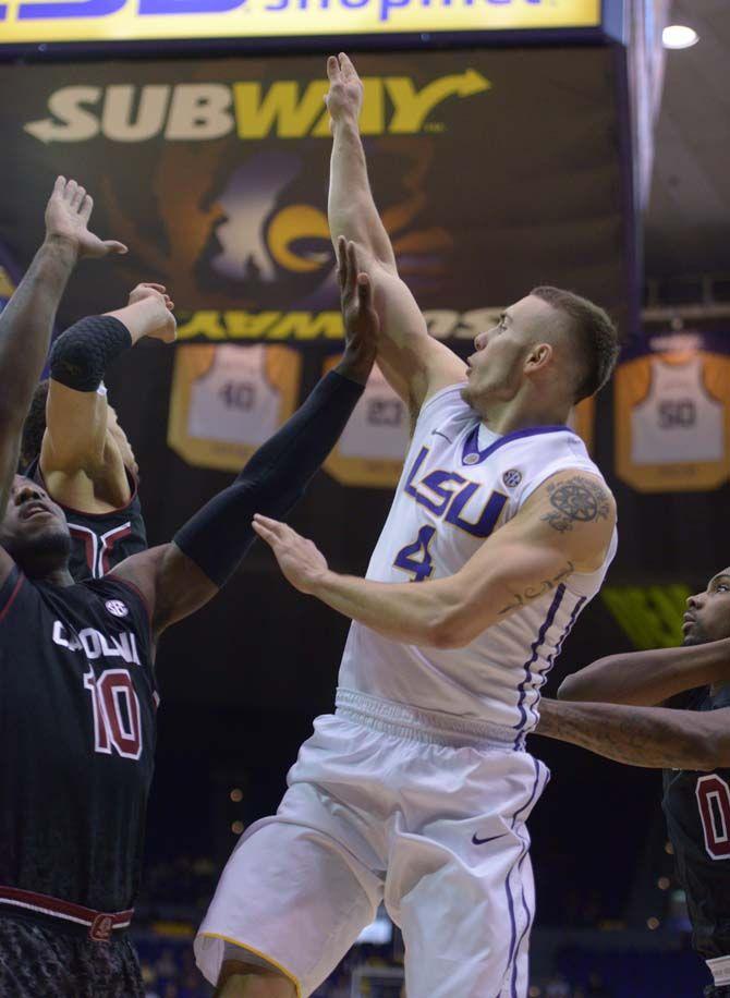 LSU junior guard, Keith Hornsby (4), blocks a pass during the Tiger's 64-58 victory against South Carolina on Wednesday, Jan. 28, 2015, in the Pete Maravich Assembly Center.