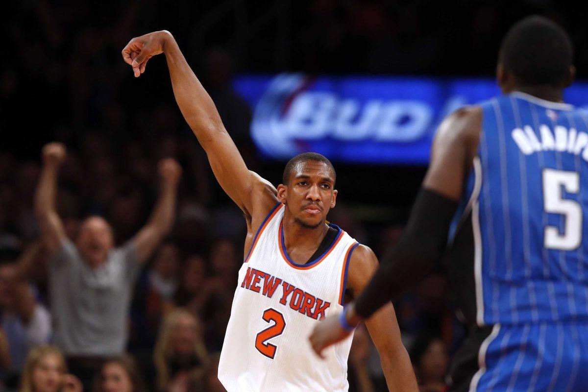 New York Knicks' Langston Galloway (2) celebrates after scoring against the Orlando Magic during the fourth quarter of an NBA basketball game Friday, Jan. 23, 2015, in New York. New York won 113-106. (AP Photo/Jason DeCrow)