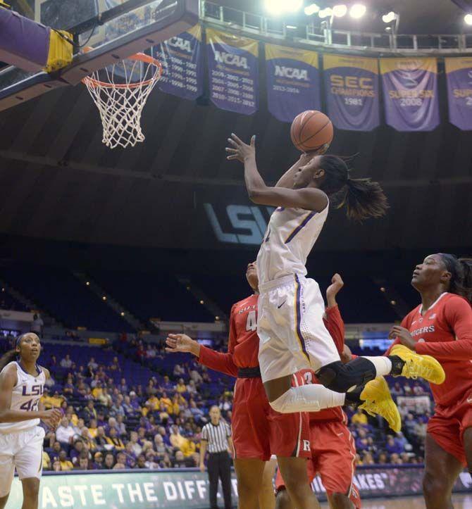 LSU sophomore guard Raigyne Moncrief lays up the ball during the Lady Tigers' 64-57 defeat against Rutgers Saturday, Nov. 22, 2014 on the PMAC.