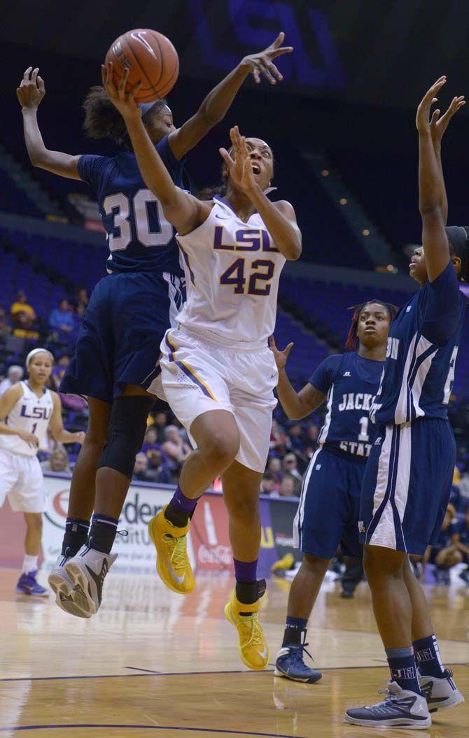 LSU senior forward, Sheila Boykin (2), scores a point against Jackson State in the PMAC where LSU won 52-44 on Monday, November 17, 2014.