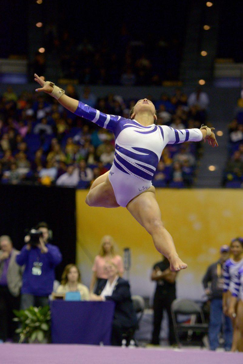 LSU junior Jessica Savona performs a floor routine on Friday, Jan. 23, 2015, during the Lady TIger's 197-192 victory against Missouri in the Pete Maravich Assembly Center.