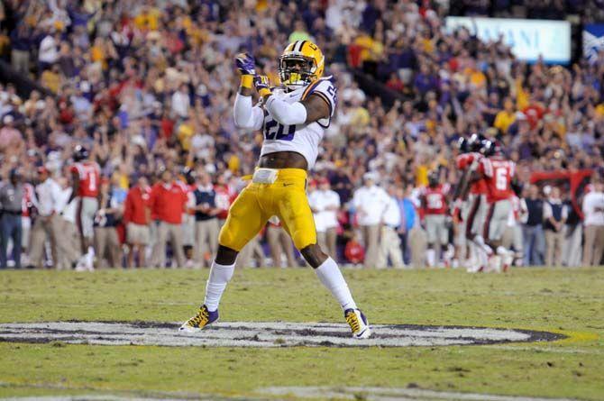 LSU junior safety, Jalen Mills (28), celebrates after a play where Tigers won 10-7 against Ole Miss in Tiger Stadium Saturday, October 25, 2014.