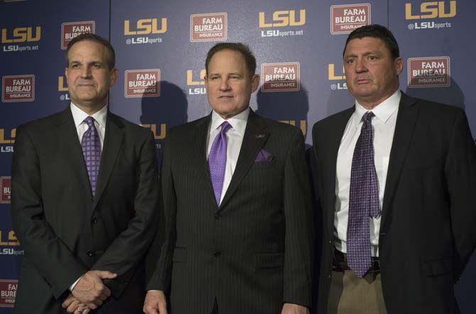 LSU football head coach Les Miles introduces new defensive coordinator Kevin Steele and new defensive line coach Ed Orgeron on Wednesday, Jan. 14, 2015. in the Moran building at LSU.