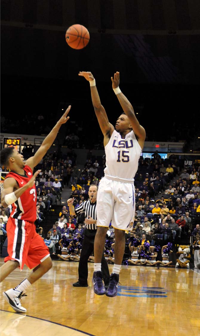 LSU freshman guard Jalyn Patterson (15) shoots the ball during the Tigers' win 87-84 against Georgia Saturday, Jan. 10, in the Pete Maravich Assembly Center.