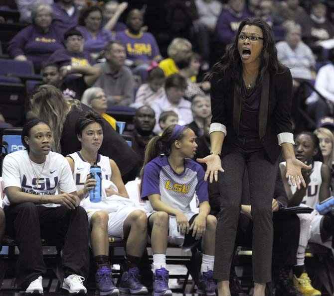 LSU womans basketball head coach Nikki Caldwell yells at referee during the Lady Tigers' 64-57 defeat against Rutgers Saturday, Nov. 22, 2014 on the PMAC.