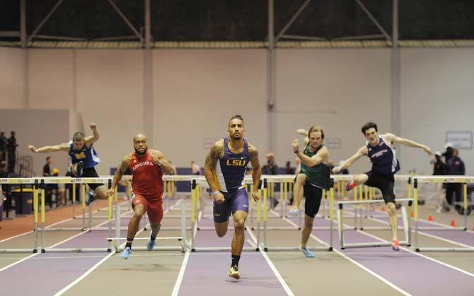 LSU senior Joshua Thompson participates in the men's hurdle run on Friday Jan. 9, 2015, inside the Carl Maddox Field House.