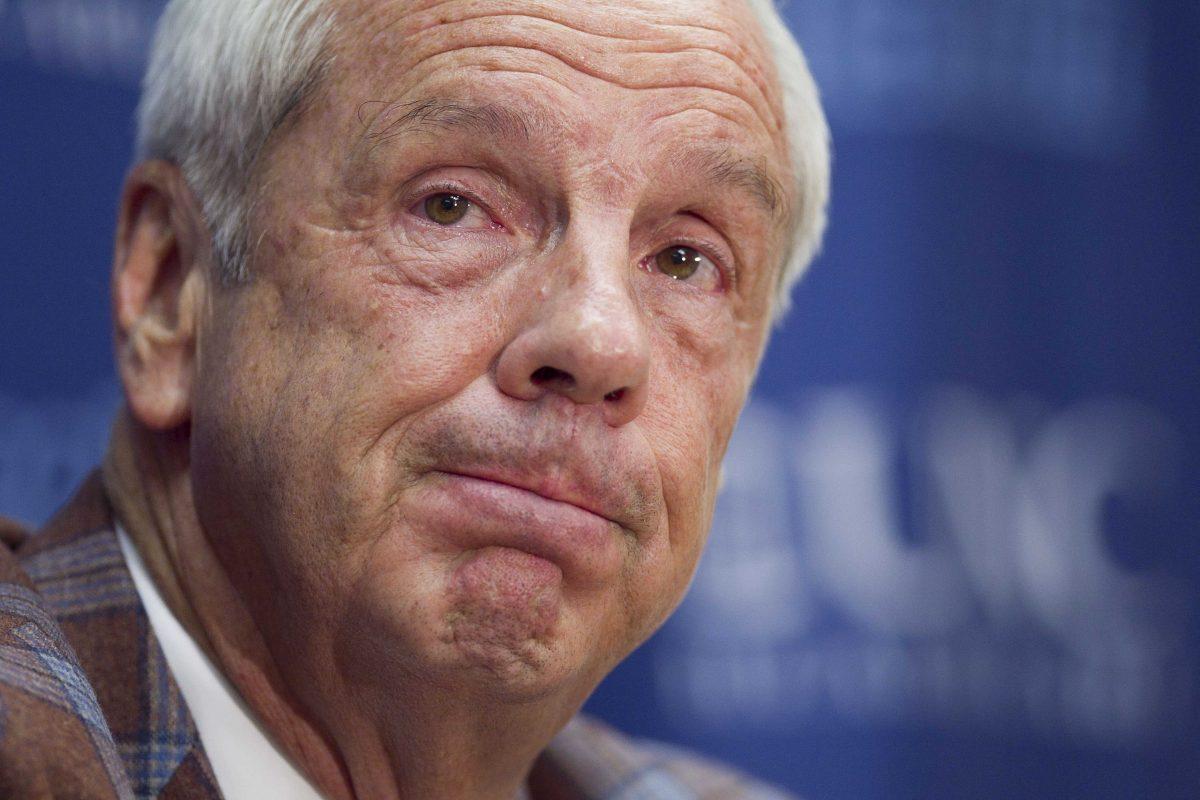 North Carolina basketball coach Roy Williams reacts to questions regarding the release of a report on academic fraud at the university, following the team's NCAA college basketball exhibition game against Fayetteville State on Friday, Oct. 24, 2014, Chapel Hill, N.C. (AP Photo/The News &amp; Observer, Robert Willett)