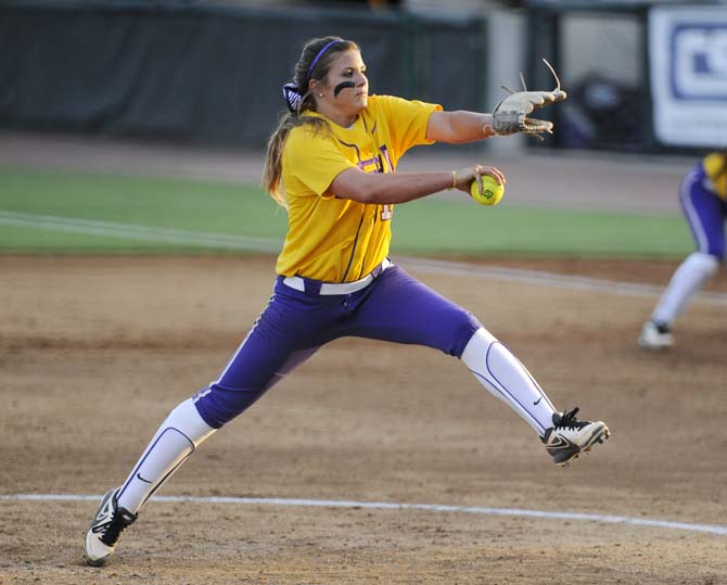 LSU freshman pitcher Baylee Corbello (19) winds up a pitch Wednesday, April 23, 2014 during the Lady Tigers' 6-1 victory against the University of South Alabama at Tiger Park.