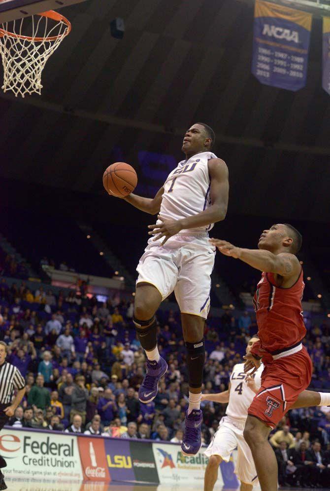 LSU sophomore forward Jarell Martin (1) dunks the ball during Tigers' 69-64 victory against Texas Tech Tuesday, Nov. 18, 2014 in the PMAC.