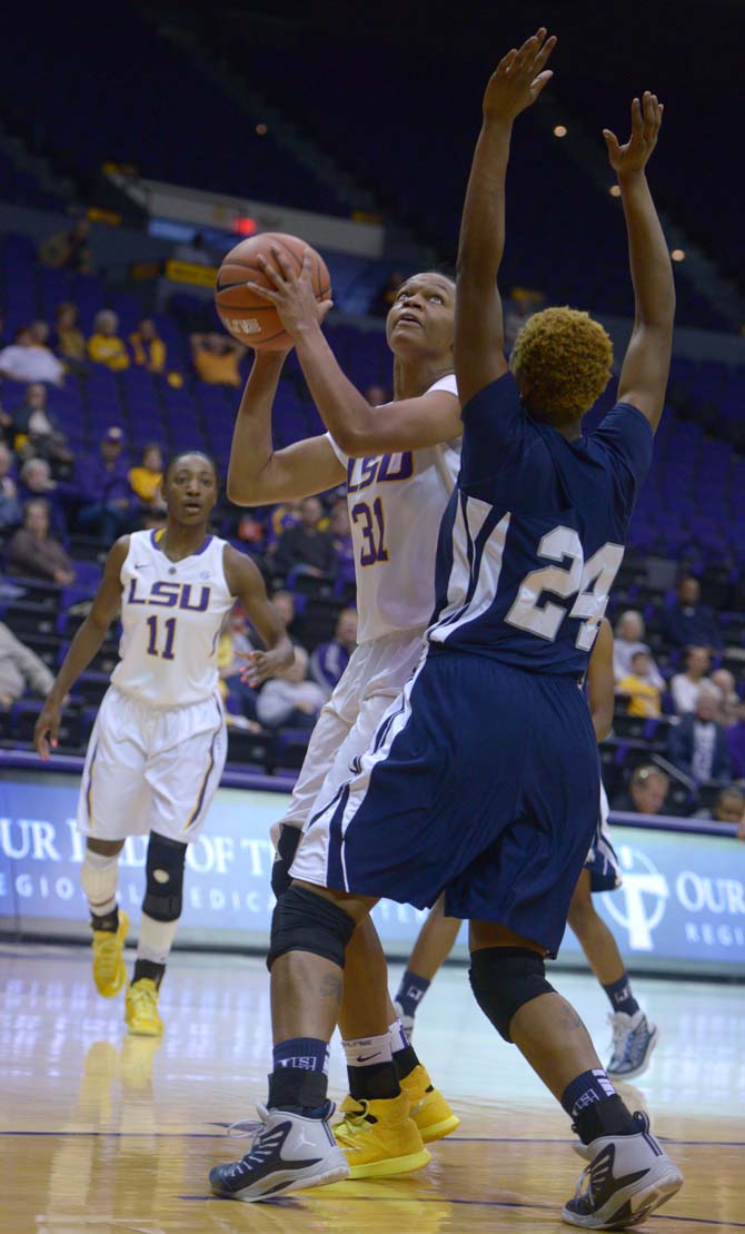 LSU junior forward, Ann Jones (31), snags a rebound in the PMAC where LSU beat Jackson State 52-44 on Monday, November 17, 2014.