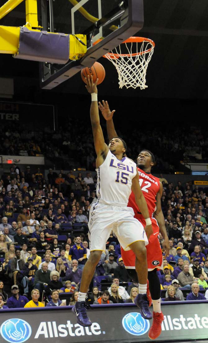 LSU freshman guard Jalyn Patterson (15) scores a point during the Tigers' win 87-84 against Georgia Saturday, Jan. 10, in the Pete Maravich Assembly Center.