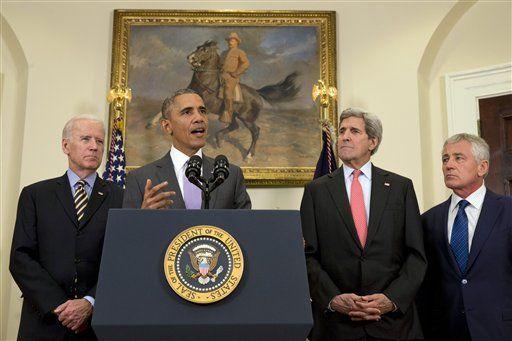 President Barack Obama, with Vice President Joe Biden, left, Secretary of State John Kerry, and Secretary of Defense Chuck Hagel, speaks about the Islamic State group in the Roosevelt Room of the White House, Wednesday, Feb. 11, 2015, in Washington. Obama asked Congress to authorize military force to "degrade and defeat" Islamic State forces in the Middle East without sustained, large-scale U.S. ground combat operations, setting lawmakers on a path toward their first war powers vote in 13 years.(AP Photo/Jacquelyn Martin)