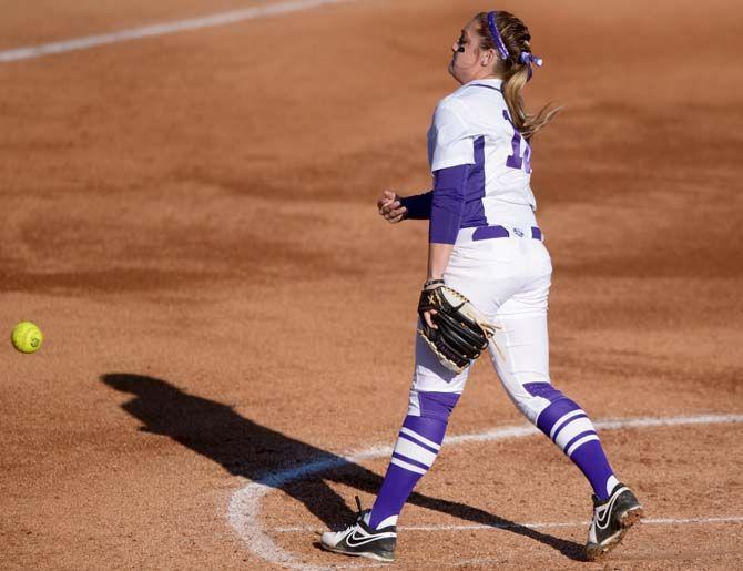 LSU sophomore pitcher Kelsee Selman (16) pitches the ball on Saturday, Feb. 7, 2015 during the Tiger' 10-0 victory against Tennessee State in Tiger Park.