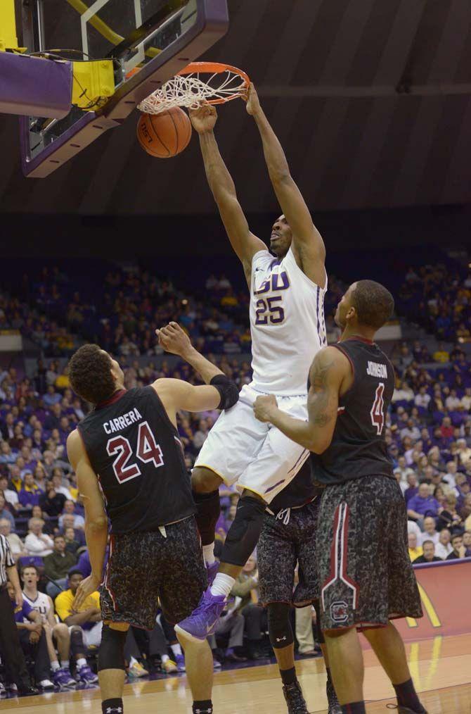 LSU sophomore forward Jordan Mickey (25) dunks the ball during the Tigers' 64-58 victory over South Carolina on Wednesday, Jan. 28, 2015 at the Pete Maravich Assembly Center.