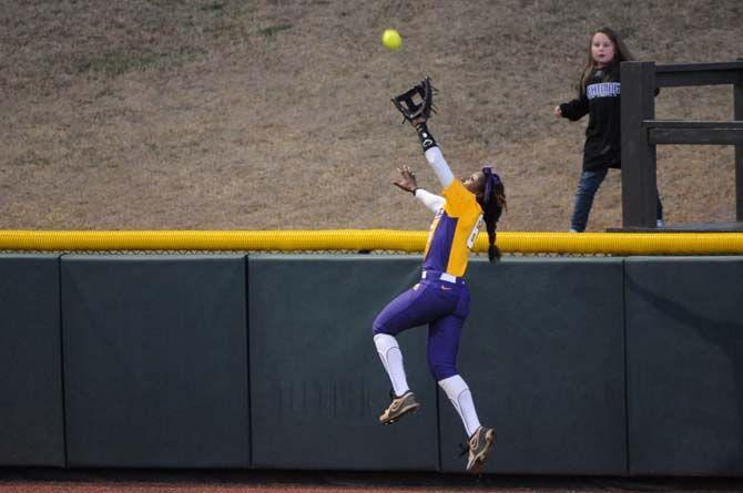 A.J. Andrews making the winning catch to end the LSU vs. Memphis game on Friday, Feb. 6, 2015, at Tiger Park.