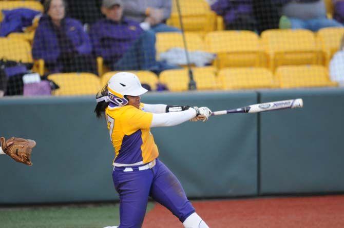 Bianka Bell making a homerun in the second to last inning on Friday, Feb. 6, 2015, during the LSU vs. Memphis game at Tiger Park.