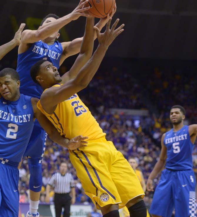 LSU sophomore forward Jordan Mickey (25) attempts to dunk the ball during the Tigers' 71-69 loss against Kentucky on Tuesday, Feb. 10, 2015, in the Pete Maravich Assembly Center.