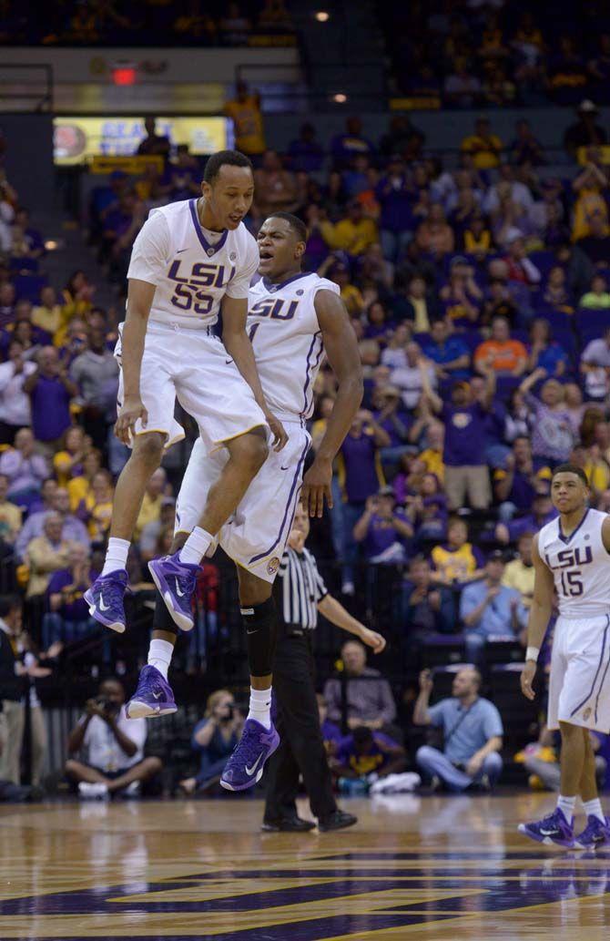 LSU sophomore guard Tim Quarterman (55) and sophomore forward Jarell Martin (1) celebrate after a play made on Saturday, Feb. 21, 2015 during the Tigers' 70-63 victory against Florida in the Pete Maravich Assembly Center.