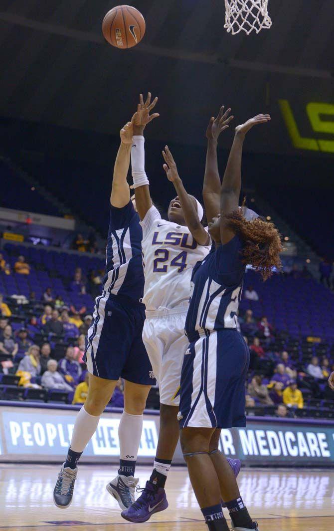 LSU senior guard, DaShawn Harden (24), reaches for the rebound in the PMAC where LSU won 52-44 against Jackson State on Monday, November 17, 2014.