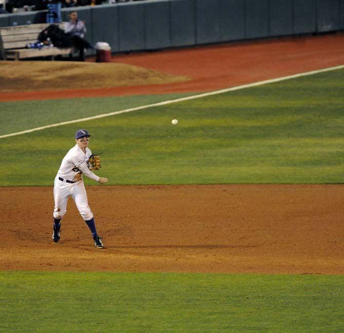 LSU sophomore infield Danny Zardon (27) throws the ball on Friday, Feb. 13, 2015 during the Tigers' 4-1 victory against Kansas in Alex Box Stadium.