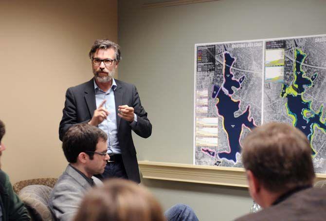 Consultant in the LSU lakes renovation program, Kinder Baumgardner speaks on Jan. 30, 2015, to student leaders about the project in the Orleans Room located in the Student Union.