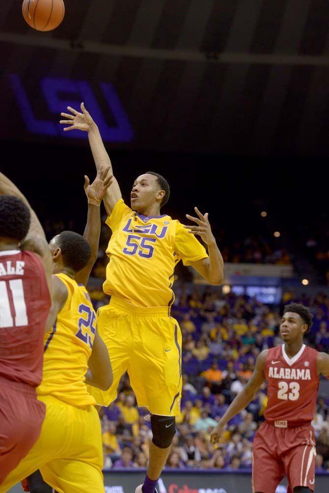 LSU sophomore guard, Tim Quarterman (55), shoots the ball during the Tiger's 71-60 victory against Alabama on Saturday, Feb. 7, 2015, in the Pete Maravich Assembly Center.