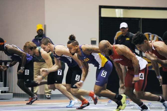 LSU senior Joshua Thompson participates in the final hurdle run on Friday Jan. 9, 2015, inside the Carl Maddox Field House.