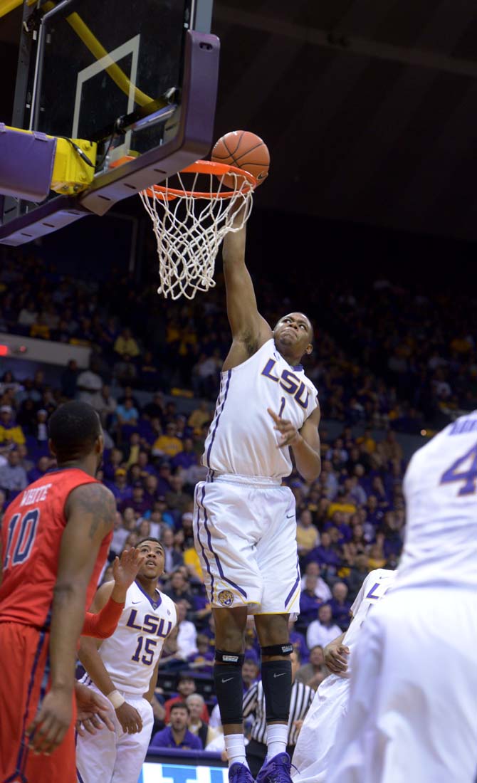 LSU sophomore forward Jarell Martin (1) puts the ball in the hoop on Saturday, Feb. 28, 2015 during the Tigers' 73-63 victory against Ole Miss in the Pete Maravich Assembly Center.