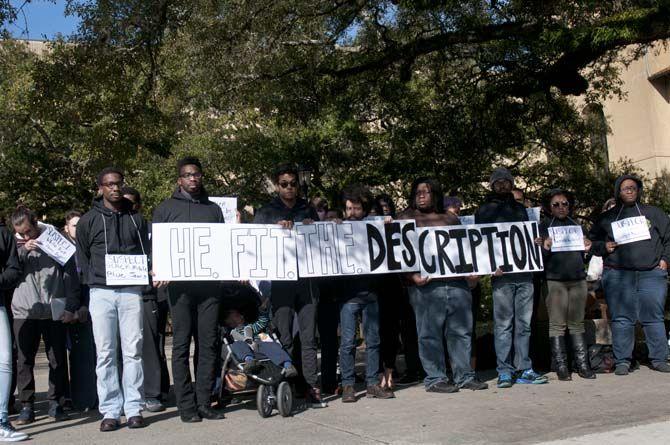 Students stand in the quad Thursday, Feb. 5, 2015, in participation with Baton Rouge Organizing's demonstration 'Subject: Vague' that was held in response to a text from LSU Police Department.