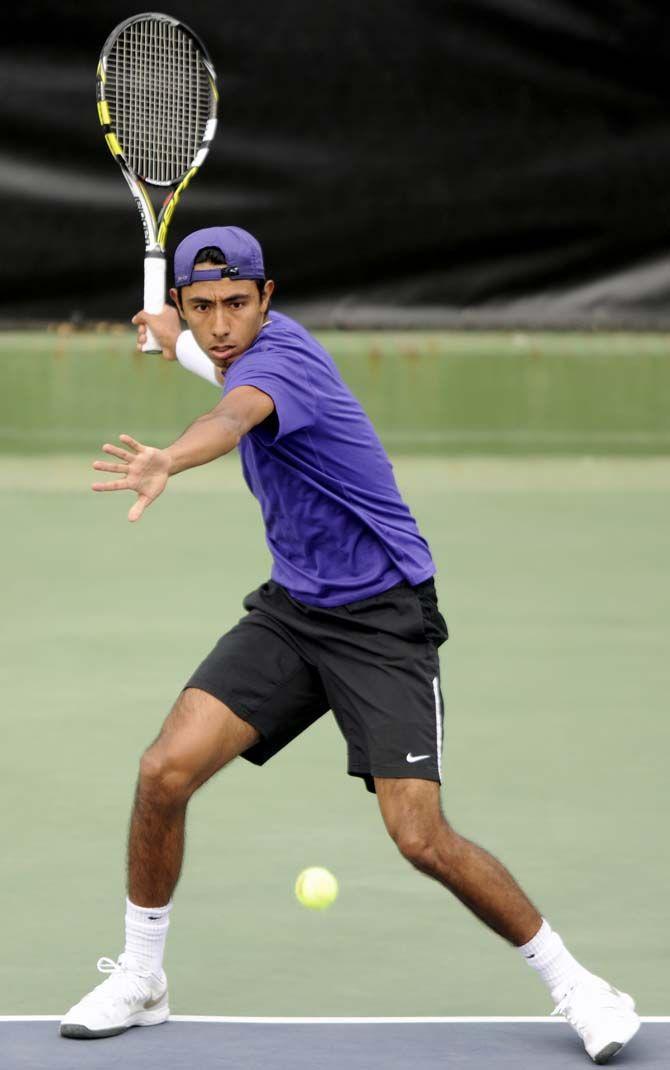 LSU junior Boris Arias prepares to return the ball on Saturday, Jan. 31, 2015, during the Tigers' 7-0 victory against Purdue at W.T. "Dub" Robinson Stadium.