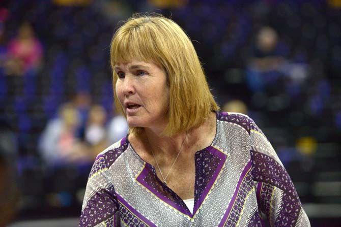 Fran Flory talks to a member of the media during the loss aginst Kentucky Wednesday, September 24, 2014 in the PMAC. Since then she has becomed LSU volleyball winningest head coach.