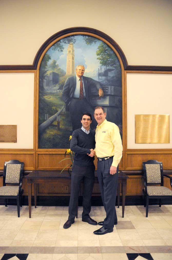 LSU Student Body President, Clay Tufts (left) and Aumni Association President, Cliff Vannoy (right), launch a new campaign to get the LSU community involved in the current budget crisis on Wednesday, Feb. 4, 2015, at the Lod Cook Alumni Center.