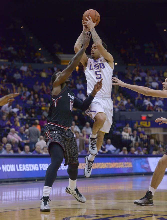 LSU junior guard, Josh Gray (5), shoots the ball during the Tiger's 64-58 victory against South Carolina on Wednesday, Jan. 28, 2015, in the Pete Maravich Assembly Center.