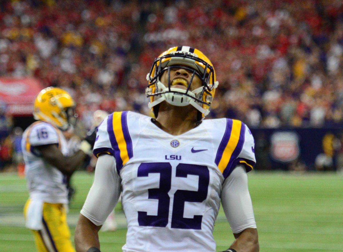 LSU football player Jalen Collins celebrates Saturday night August 30, 2014.