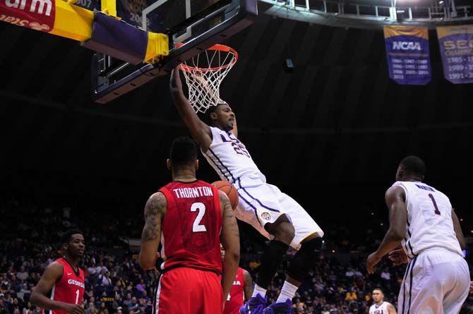 LSU sophomore forward Jordan Mickey (25) dunks the ball into the basket on Saturday, Jan. 10, 2015, during the Tigers' 87-84 win against Georgia in the Pete Maravich Assembly Center.