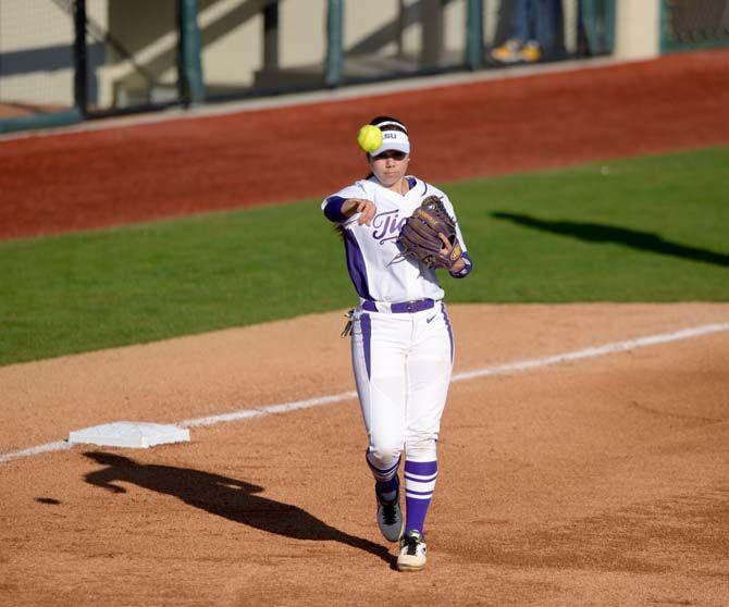 LSU sophomore infield Sahvanna Jaquish (2) throws the ball to first base on Saturday, Feb. 7, 2015 during the Tiger' 10-0 victory against Tennessee State in Tiger Park.