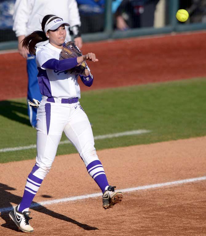 LSU sophomore infield Sahvanna Jaquish (2) throws the ball to first base on Saturday, Feb. 7, 2015 during the Tiger' 10-0 victory against Tennessee State in Tiger Park.