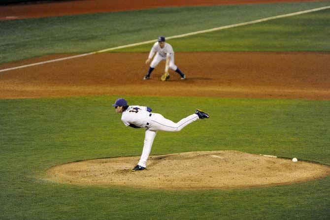 LSU sophomore left handed pitcher Jared Poche' (16) pitches the ball on Friday, Feb. 13, 2015 during the Tigers' 4-1 victory against Kansas in Alex Box Stadium.