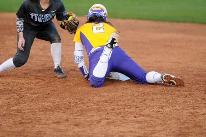 Sahvanna Jaquish stealing second base on Friday, Feb. 6, 2015, in the second to last inning of the LSU vs. Memphis game at Tiger Park.