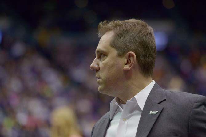 LSU gymnastics Associate Head Coach Jay Clark wastches the events on Friday, Jan. 23, 2015, during the Lady TIger's 197-192 victory against Missouri in the Pete Maravich Assembly Center.