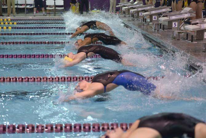 LSU swimmer, Makenna Wilson starts off the 200 Yard Medley Relay on Jan. 30, 2015, in the Natatorium for the Women's Swimming and diving cs. Houston, Rice and Dulane Meet (Day 1).