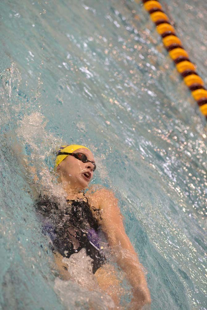 LSU junior backstroke/freestyle Danielle Stirrat swims the 200 yard backstroke competition on Saturday, Jan 31, 2015 meet against Rice, Houston and Tulane at the LSU natatorium.